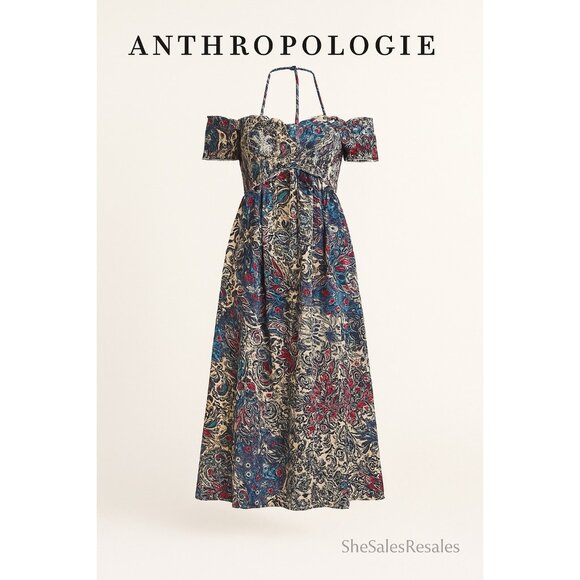 Anthropologie Off Shoulder Smocked Gauze Criss Cross Midi Dress Multicolor 100% - Picture 1 of 10